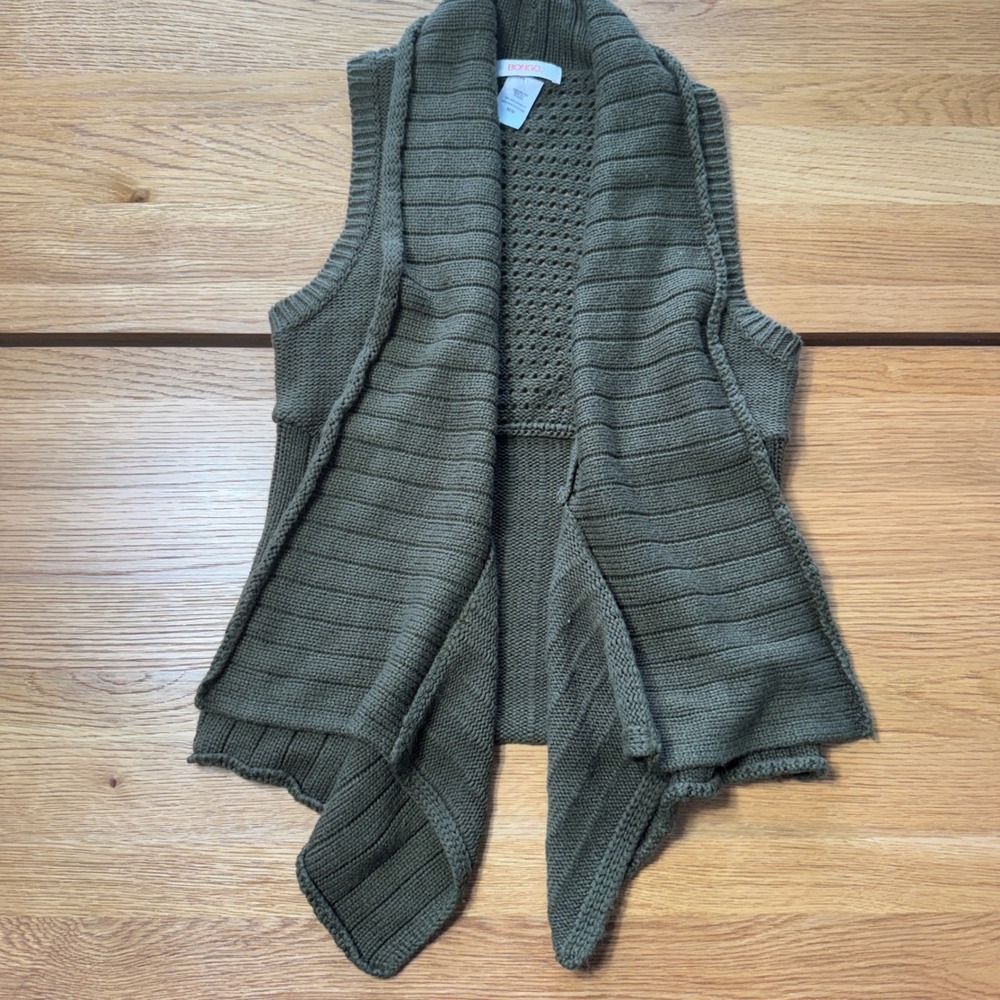 Bongo Womens Olive Green Open Front Knit Vest Shawl Collar Mixed Ribbed Medium